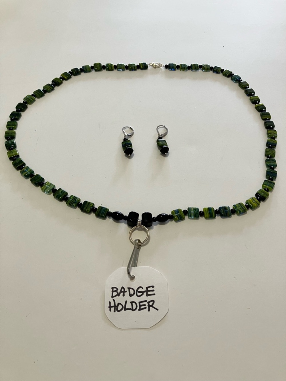 Dark Green/Black Bead Necklace and Earrings Made For A Badge or Glasses